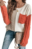 Rose Tan Colorblock Patched Pocket Drop Shoulder Sweater