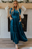 Velvet Short Sleeve Shirred Waist Tiered Maxi Dress