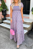 Purple Floral Short Bubble Sleeve Shirred High Waist Maxi Dress