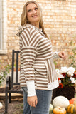 Plus Brown Stripe Quarter Buttons Drop Sleeve Hoodie