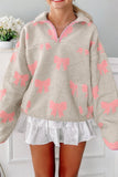 Gray Bow Sherpa Quarter Zip Drop Shoulder Baggy Sweatshirt