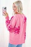 Pink Bow Pattern Drop Shoulder Loose Sweater