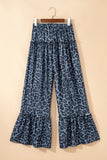Gray Wild Leopard Print Frilled Detail Drawstring Wide Leg Pants