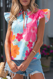 Multicolour Vibrant Flower Printed Tie V Neck Ruffle Trim Sleeveless Blouse