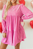 Strawberry Pink Flounce Sleeve Tiered Ruffled Velvet Mini Dress