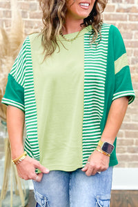 Plus Green Stripe Patchwork Colorblock T Shirt
