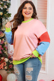 Plus Light Pink Colorblock Patchwork Crew Neck Sweatshirt