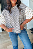 Green Stripe Floral Puff Sleeve Patchwork Round Neck Loose Top