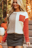 Rose Tan Colorblock Patched Pocket Drop Shoulder Sweater