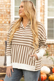 Plus Brown Stripe Quarter Buttons Drop Sleeve Hoodie