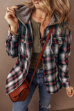 Red Plaid Print Chest Pocket Buttoned Hooded Shacket