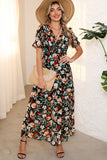 Multicolor Fiery Floral Print Frilled V Neck Short Sleeve Maxi Dress