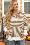 Plus Brown Stripe Quarter Buttons Drop Sleeve Hoodie