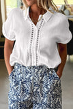 White Lace Trim Cuffed Short Sleeve Textured Shirt