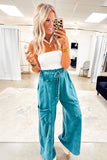 Lapis Mineral Wash Lace-up High Waist Raw Hem Patched Pocket Pants