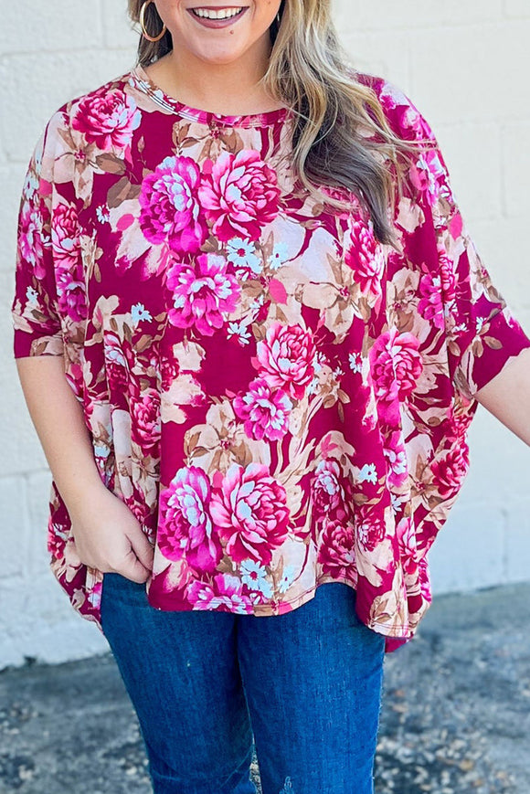 Plus Red Floral Print Short Sleeve Blouse