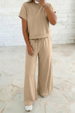 Clearly Aqua Solid Color Loose Tee Drawstring Wide Leg Pants 2pcs Outfit