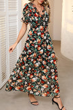 Multicolor Fiery Floral Print Frilled V Neck Short Sleeve Maxi Dress