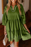 Black Contrast Stitched V Neck 3/4 Sleeve Tiered Mini Dress