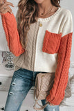 Rose Tan Colorblock Patched Pocket Drop Shoulder Sweater