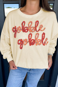 Apricot Thanksgiving Gobble Gobble Embroidered Pattern Drop Shoulder Crew Neck Sweatshirt