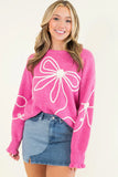 Bright Pink Corded Flower Bow Ribbed Trim Casual Sweater