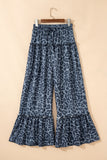Gray Wild Leopard Print Frilled Detail Drawstring Wide Leg Pants