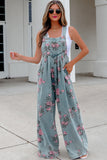 Beau Blue Floral Print Pleated High Waist Wide Leg Denim Jumpsuit