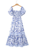 Sky Blue Floral Print Square Neck Bubble Sleeve High Waist Maxi Dress