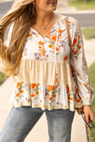 Plus White Floral Print V Neck Puff Sleeve Blouse