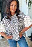 Green Stripe Floral Puff Sleeve Patchwork Round Neck Loose Top