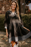 Black Contrast Stitched V Neck 3/4 Sleeve Tiered Mini Dress