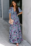 Green Fiery Floral Print Frilled V Neck Short Sleeve Maxi Dress