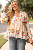 Plus White Floral Print V Neck Puff Sleeve Blouse