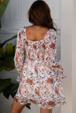 White Floral Print Sweetheart Neck Long Sleeve High Waist Mini Dress