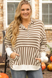 Plus Brown Stripe Quarter Buttons Drop Sleeve Hoodie