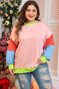 Plus Light Pink Colorblock Patchwork Crew Neck Sweatshirt