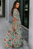 Green Fiery Floral Print Frilled V Neck Short Sleeve Maxi Dress