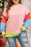 Plus Light Pink Colorblock Patchwork Crew Neck Sweatshirt