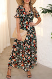 Multicolor Fiery Floral Print Frilled V Neck Short Sleeve Maxi Dress