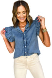 Beau Blue Button Front Ruffled Flutter Frayed Denim Top