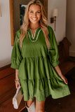 Black Contrast Stitched V Neck 3/4 Sleeve Tiered Mini Dress