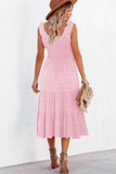 Sky Blue Shirred Pleated Square Neck Sleeveless Midi Dress