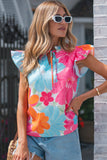 Multicolour Vibrant Flower Printed Tie V Neck Ruffle Trim Sleeveless Blouse