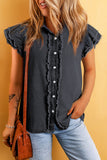 Beau Blue Button Front Ruffled Flutter Frayed Denim Top