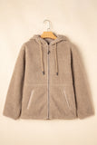 Pale Khaki Fleece Zip Up Drawstring Hooded Pocketed Jacket