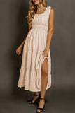Sky Blue Shirred Pleated Square Neck Sleeveless Midi Dress