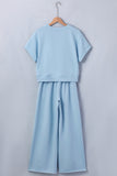 Clearly Aqua Solid Color Loose Tee Drawstring Wide Leg Pants 2pcs Outfit