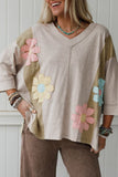 Green Flower Patched Exposed Seam Bracelet Sleeve Oversized T Shirt
