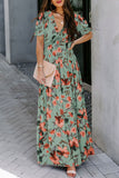 Green Fiery Floral Print Frilled V Neck Short Sleeve Maxi Dress